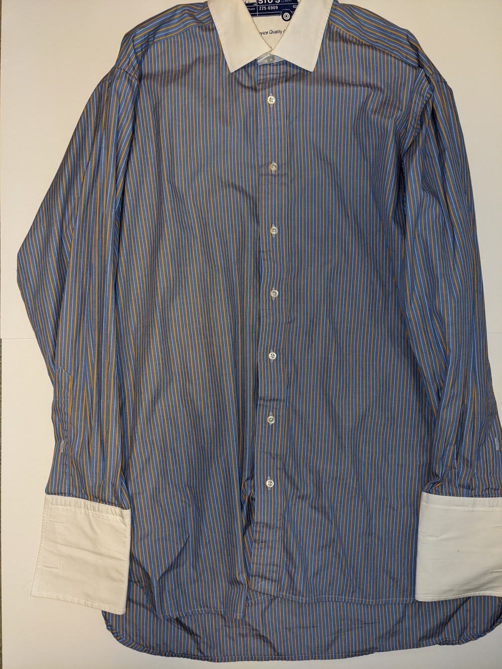 Men's Blue Multi-Striped Dress Shirt with White Contrast Collar and Cuffs